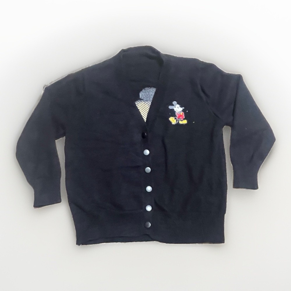 Vintage Mickey Mouse Knit Cardigan Sweater Black Graphic Back Intarsia Large